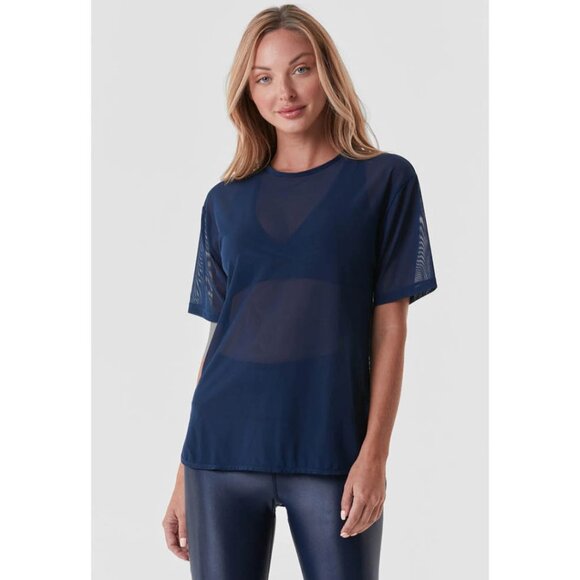 Navy Blue Oversized Mesh See Through Breathable Athletic Active Layering T-Shirt - Picture 2 of 4